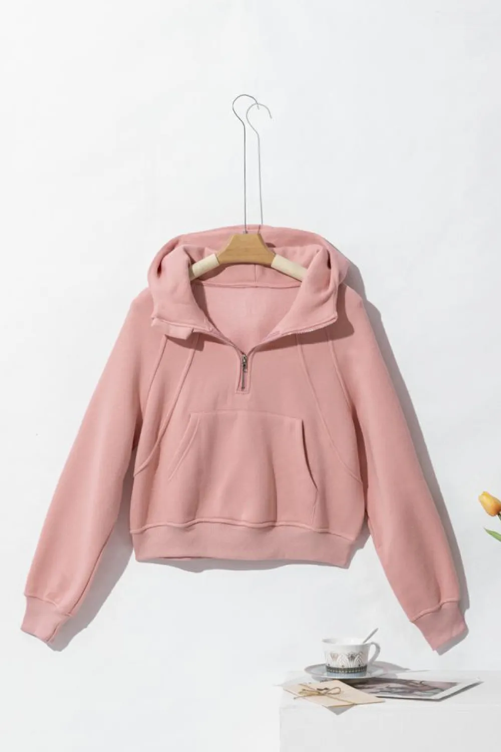 Clearance Dear-Lover Quarter Zip Kangaroo Pocket Hoodie Pink
