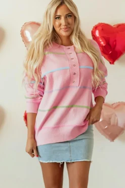 Fashion Dear-Lover Rainbow Stripes Drop Shoulder Baggy Henley Sweater Pink