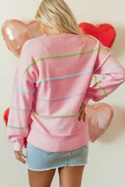 Fashion Dear-Lover Rainbow Stripes Drop Shoulder Baggy Henley Sweater Pink