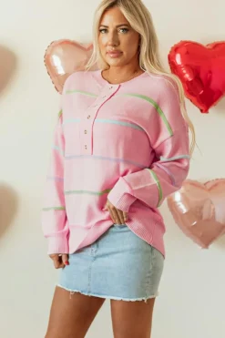 Fashion Dear-Lover Rainbow Stripes Drop Shoulder Baggy Henley Sweater Pink