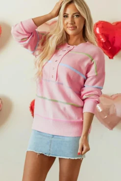 Fashion Dear-Lover Rainbow Stripes Drop Shoulder Baggy Henley Sweater Pink