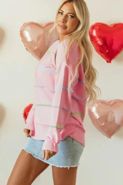 Fashion Dear-Lover Rainbow Stripes Drop Shoulder Baggy Henley Sweater Pink