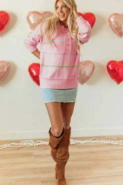 Fashion Dear-Lover Rainbow Stripes Drop Shoulder Baggy Henley Sweater Pink