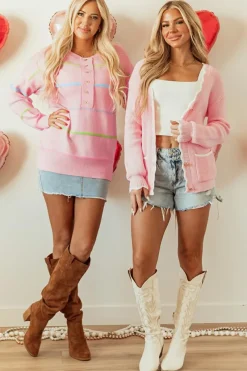Fashion Dear-Lover Rainbow Stripes Drop Shoulder Baggy Henley Sweater Pink