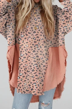 Hot Dear-Lover Raw Edge Leopard Patchwork Oversized Blouse Pink