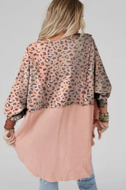 Hot Dear-Lover Raw Edge Leopard Patchwork Oversized Blouse Pink