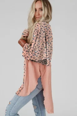 Hot Dear-Lover Raw Edge Leopard Patchwork Oversized Blouse Pink