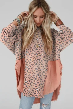 Hot Dear-Lover Raw Edge Leopard Patchwork Oversized Blouse Pink