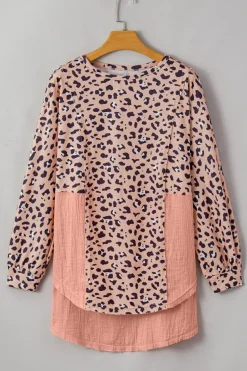 Hot Dear-Lover Raw Edge Leopard Patchwork Oversized Blouse Pink