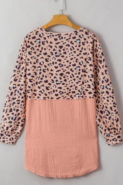 Hot Dear-Lover Raw Edge Leopard Patchwork Oversized Blouse Pink