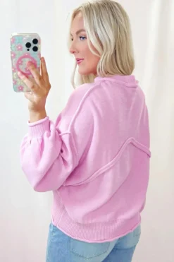 New Dear-Lover Raw Edge Ribbed Detail Drop Shoulder Sweater Pink