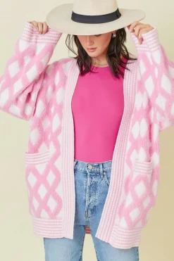 Discount Dear-Lover Rhombus Pattern Knit Open Front Pocketed Cardigans Pink