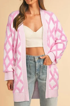 Discount Dear-Lover Rhombus Pattern Knit Open Front Pocketed Cardigans Pink