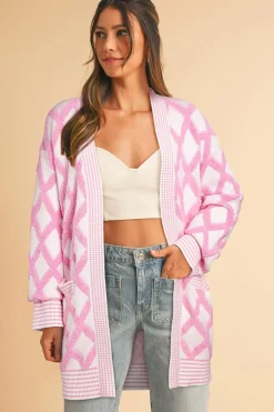 Discount Dear-Lover Rhombus Pattern Knit Open Front Pocketed Cardigans Pink