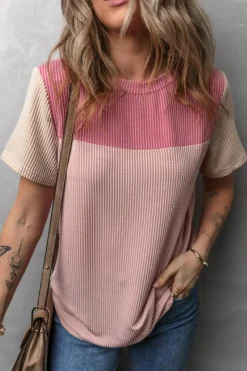 Outlet Dear-Lover Rib Textured Colorblock T Shirt Pink