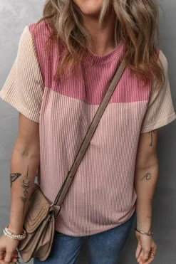 Outlet Dear-Lover Rib Textured Colorblock T Shirt Pink
