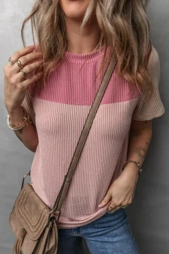 Outlet Dear-Lover Rib Textured Colorblock T Shirt Pink