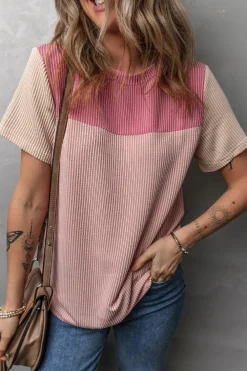 Outlet Dear-Lover Rib Textured Colorblock T Shirt Pink