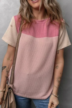 Outlet Dear-Lover Rib Textured Colorblock T Shirt Pink