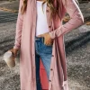 New Dear-Lover Ribbed Button-Up Split Duster Cardigan Pink