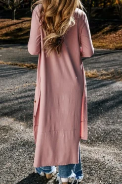 New Dear-Lover Ribbed Button-Up Split Duster Cardigan Pink