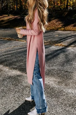 New Dear-Lover Ribbed Button-Up Split Duster Cardigan Pink