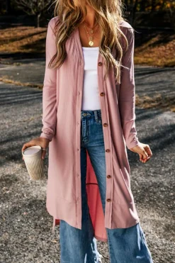 New Dear-Lover Ribbed Button-Up Split Duster Cardigan Pink