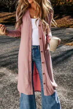 New Dear-Lover Ribbed Button-Up Split Duster Cardigan Pink