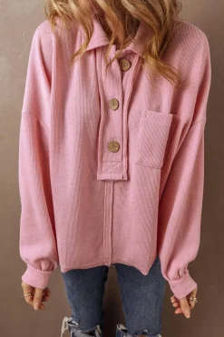 Fashion Dear-Lover Ribbed Knit Collared Henley Top with Chest Pocket Pink