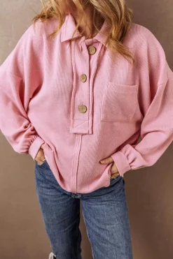 Fashion Dear-Lover Ribbed Knit Collared Henley Top with Chest Pocket Pink