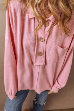 Fashion Dear-Lover Ribbed Knit Collared Henley Top with Chest Pocket Pink