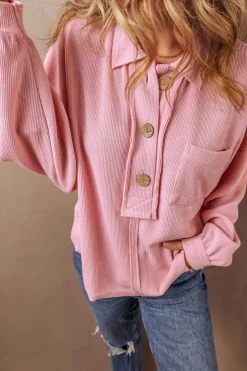 Fashion Dear-Lover Ribbed Knit Collared Henley Top with Chest Pocket Pink