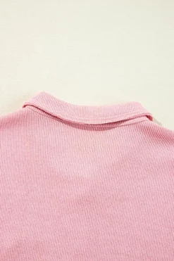 Fashion Dear-Lover Ribbed Knit Collared Henley Top with Chest Pocket Pink