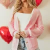 Best Dear-Lover Ribbed Knit Scalloped Edge Side Pockets Buttoned Cardigan Pink