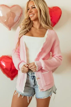 Best Dear-Lover Ribbed Knit Scalloped Edge Side Pockets Buttoned Cardigan Pink