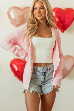 Best Dear-Lover Ribbed Knit Scalloped Edge Side Pockets Buttoned Cardigan Pink