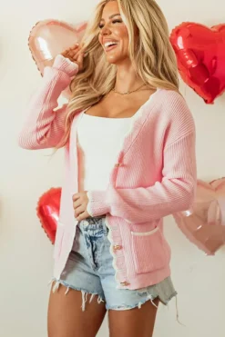 Best Dear-Lover Ribbed Knit Scalloped Edge Side Pockets Buttoned Cardigan Pink