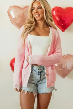 Best Dear-Lover Ribbed Knit Scalloped Edge Side Pockets Buttoned Cardigan Pink