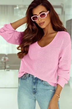 Best Dear-Lover Ribbed Knit V Neck Sweater Pink