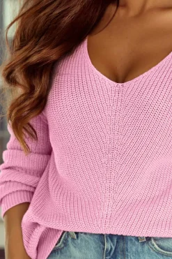 Best Dear-Lover Ribbed Knit V Neck Sweater Pink
