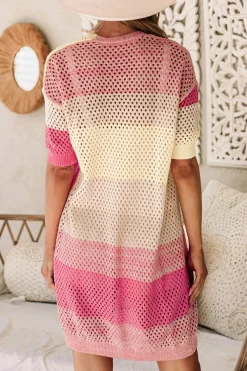 Online Dear-Lover Ribbed Short Sleeve Ombre Eyelet Knitted Cardigan Pink