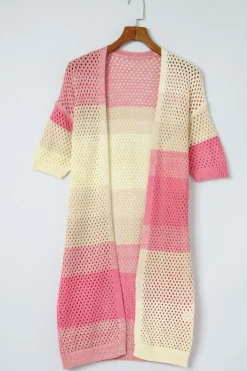 Online Dear-Lover Ribbed Short Sleeve Ombre Eyelet Knitted Cardigan Pink