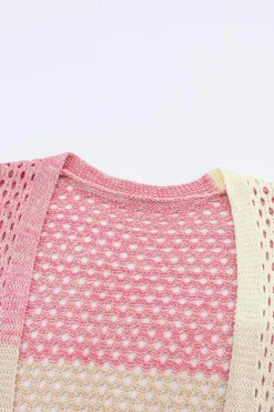 Online Dear-Lover Ribbed Short Sleeve Ombre Eyelet Knitted Cardigan Pink