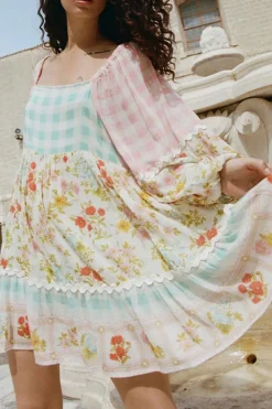 Online Dear-Lover Ric Rac Plaid Floral Print Patchwork Bubble Sleeve Dress Pink
