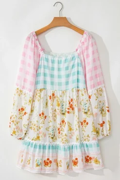 Online Dear-Lover Ric Rac Plaid Floral Print Patchwork Bubble Sleeve Dress Pink