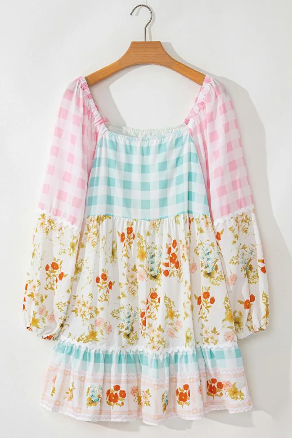 Online Dear-Lover Ric Rac Plaid Floral Print Patchwork Bubble Sleeve Dress Pink
