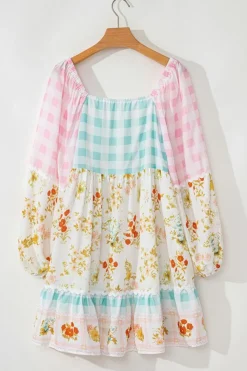 Online Dear-Lover Ric Rac Plaid Floral Print Patchwork Bubble Sleeve Dress Pink
