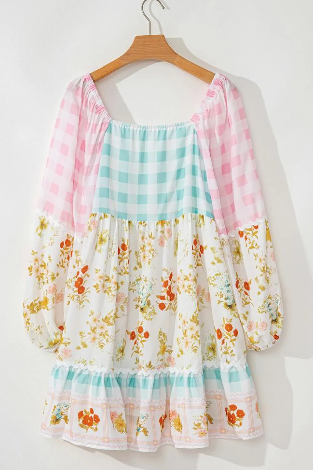 Online Dear-Lover Ric Rac Plaid Floral Print Patchwork Bubble Sleeve Dress Pink