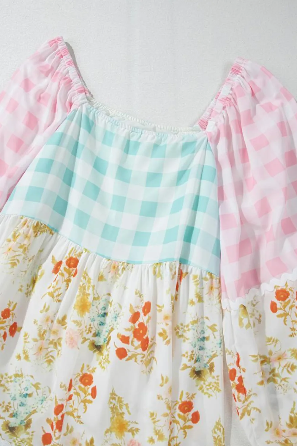 Online Dear-Lover Ric Rac Plaid Floral Print Patchwork Bubble Sleeve Dress Pink