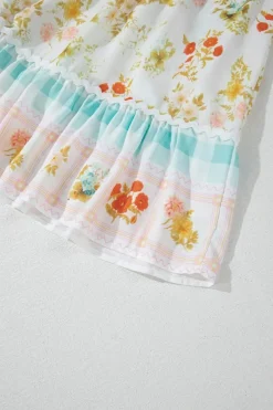 Online Dear-Lover Ric Rac Plaid Floral Print Patchwork Bubble Sleeve Dress Pink